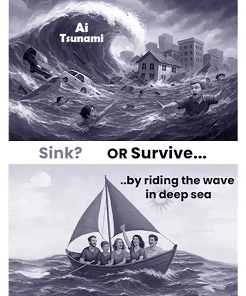 Illustration showing an “AI Tsunami” wave causing chaos in a city, with people struggling in the water, contrasted with a second scene of a group calmly sailing a boat, symbolizing the choice to sink or survive by adapting to AI.