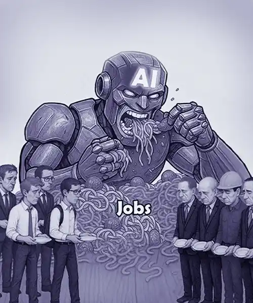 Illustration of a giant robot labeled “AI” eating a pile of noodles representing jobs, while worried workers line up with empty plates, symbolizing concerns about AI replacing human jobs.