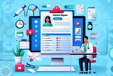 Doctor managing digital patient records and reports on computer, representing the best patient management software for hospitals and clinics.