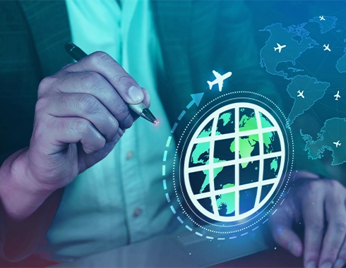 Person managing global travel routes on digital screen, representing employee and dependent visa management for a Gulf business group using visa management software.
