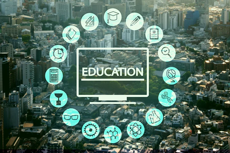 Digital education icons over city background, representing knowledge management software that goes beyond traditional school management systems.
