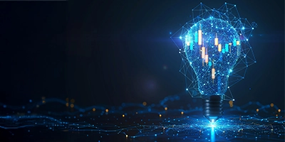 Lightbulb illustration with digital network and data elements representing innovation