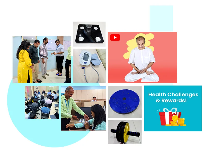 Collage showing Mechsoft’s culture of care, including team health checkups, fitness challenges, yoga and meditation sessions, wellness equipment, and employee well-being activities.