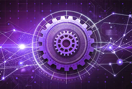 Digital gear and data network illustration representing a flexible and smart decision management platform for businesses.